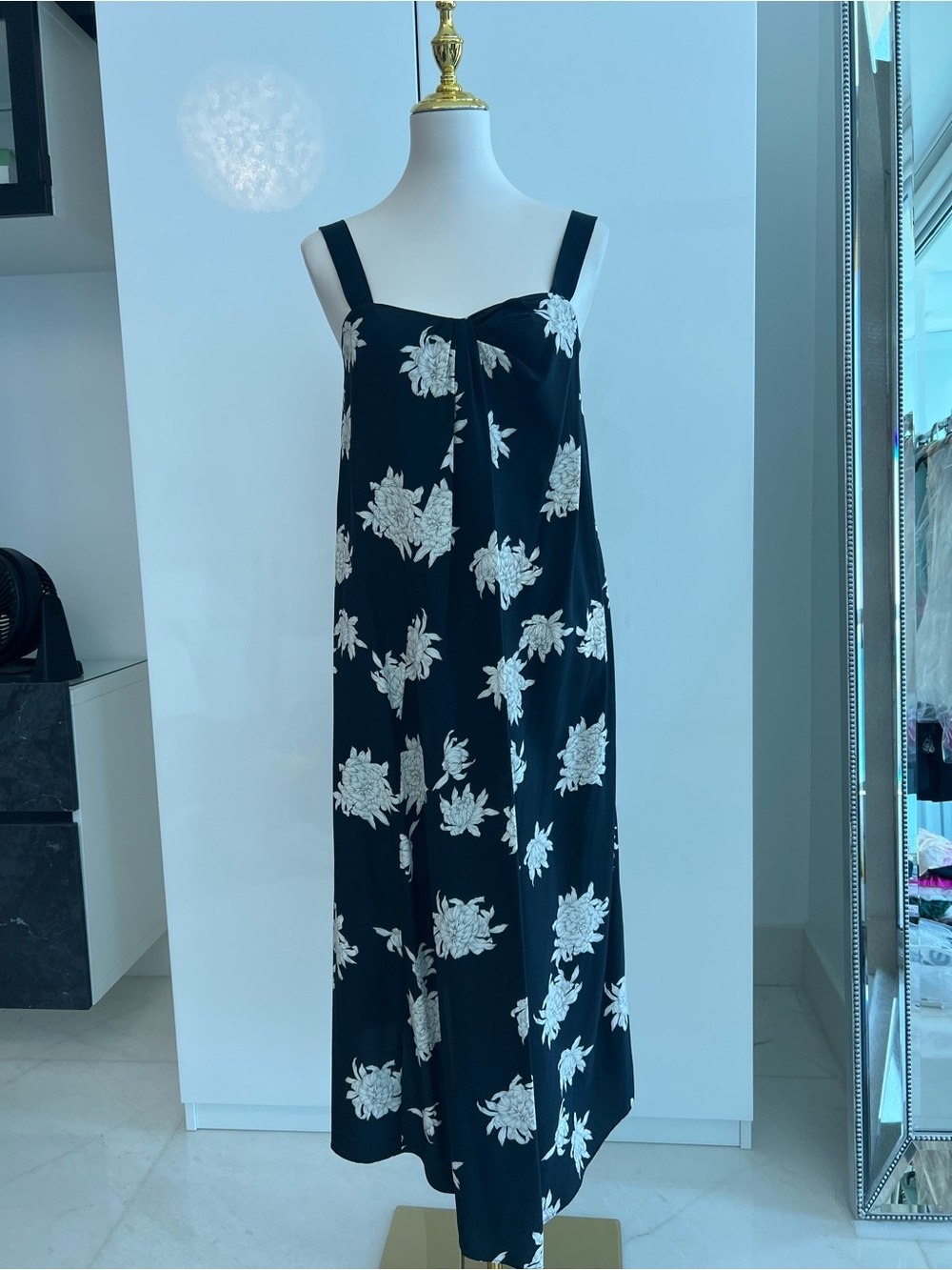 Vince Black Dress with Cream Leaf Print